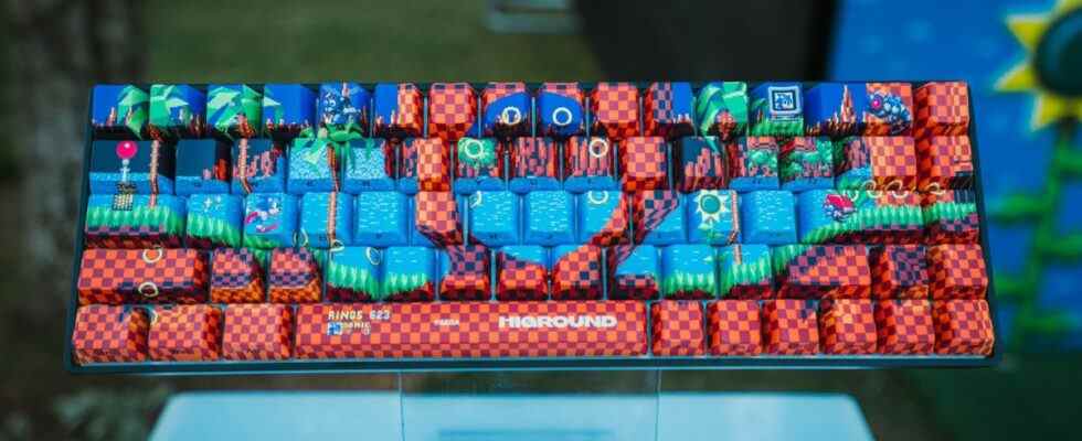 Overhead view of Sonic Green Hill Zone keyboard on display