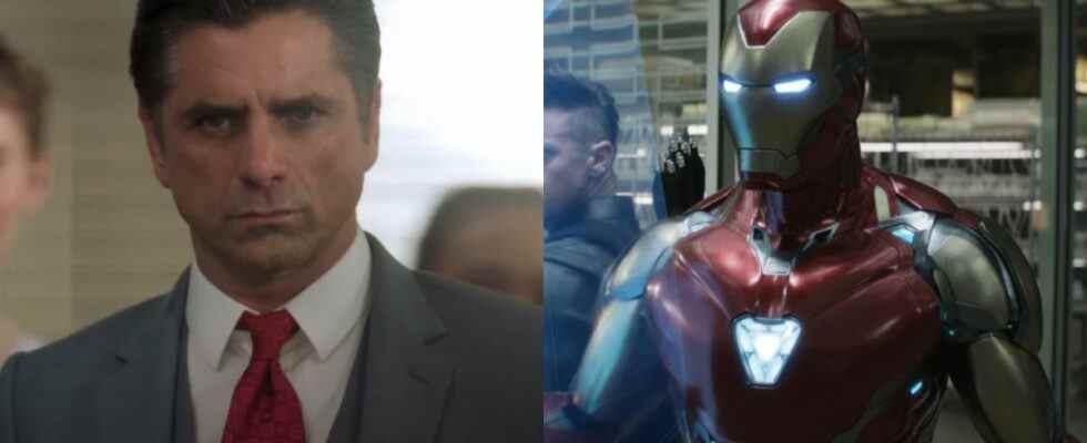 John Stamos looking determined in a three piece suit in Big Shot and Iron Man standing ready for battle in Avengers: Endgame, pictured side-by-side