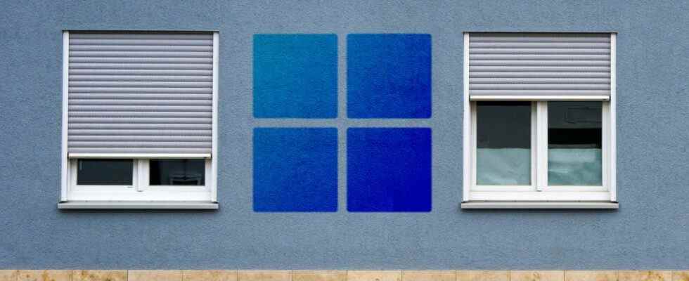 The Windows logo superimposed over a wall with shuttered windows.