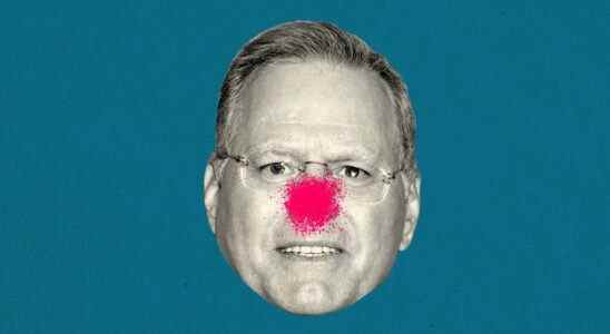 Photo illustration of David Zaslav with a clown nose spray painted on him