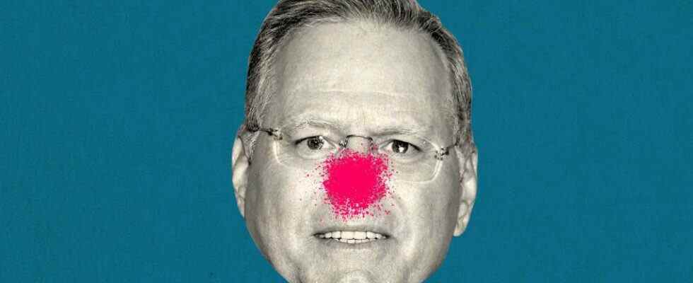 Photo illustration of David Zaslav with a clown nose spray painted on him