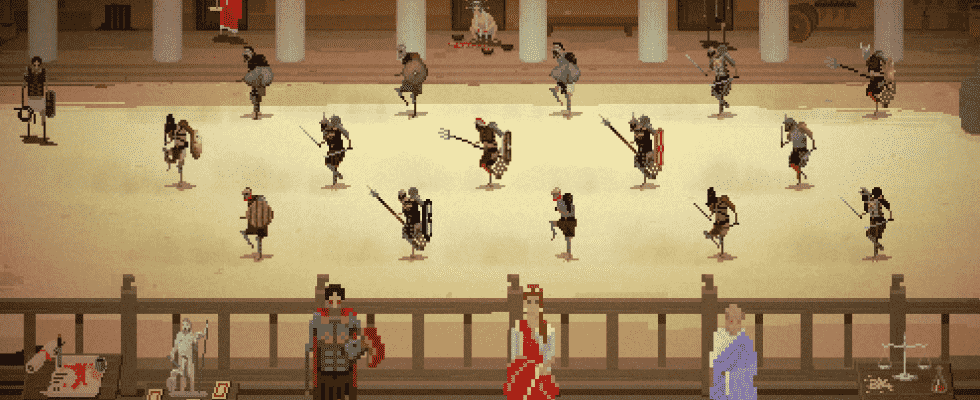 Screenshot from the videogame Domina, toga clad individuals overlooking arena battle.
