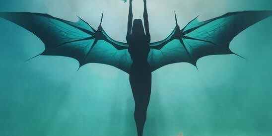 Silhouette of a succubus-type creature with bat wings and arms stretched overhead