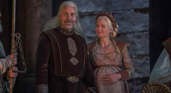A man and pregnant woman with white-blonde hair in regal medieval garb; still from "House of the Dragon."