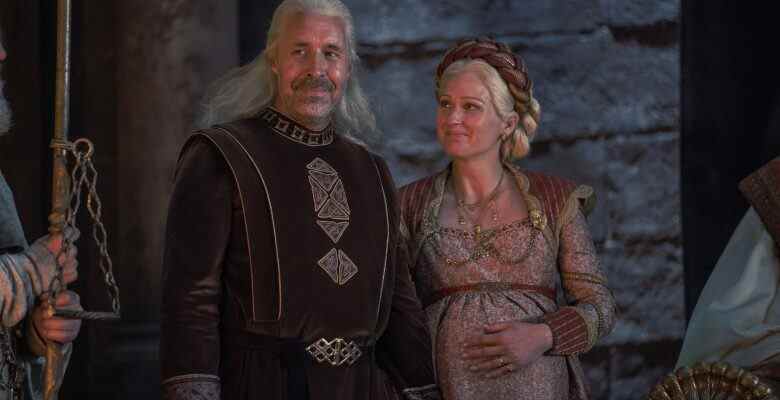 A man and pregnant woman with white-blonde hair in regal medieval garb; still from "House of the Dragon."