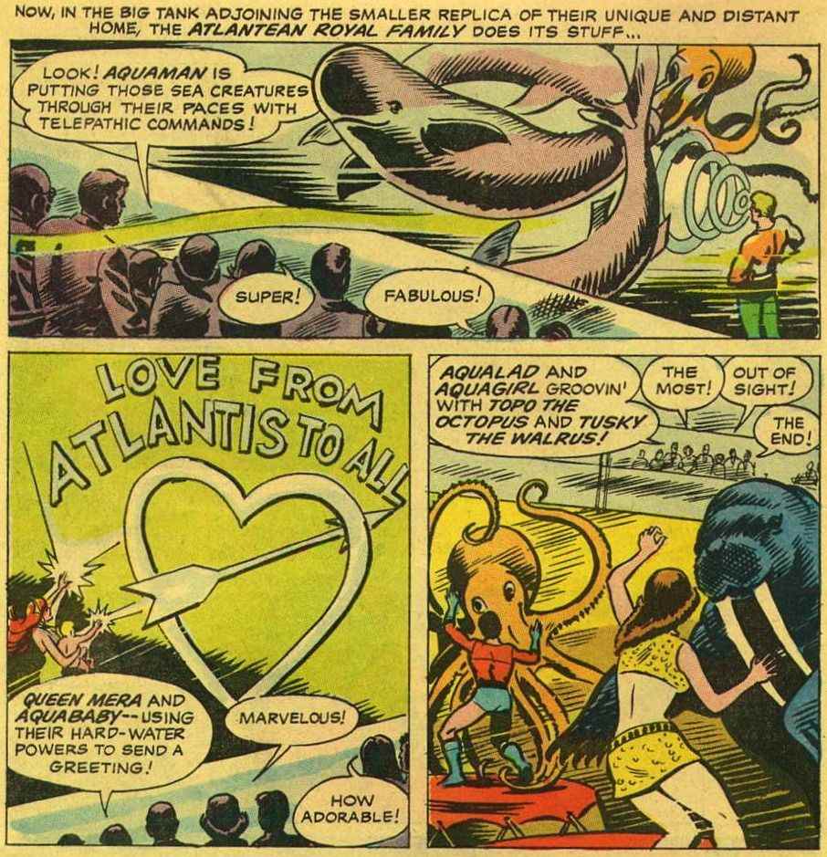 Panneau pour Aquaman # 36 présentant Tusky le morse, présentant un spectacle pour la foule.
