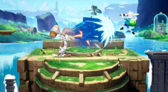 Bugs Bunny swings a large wooden mallet at a cracked metal safe, launching it towards Finn The Human, who is in the air brandishing his sword.