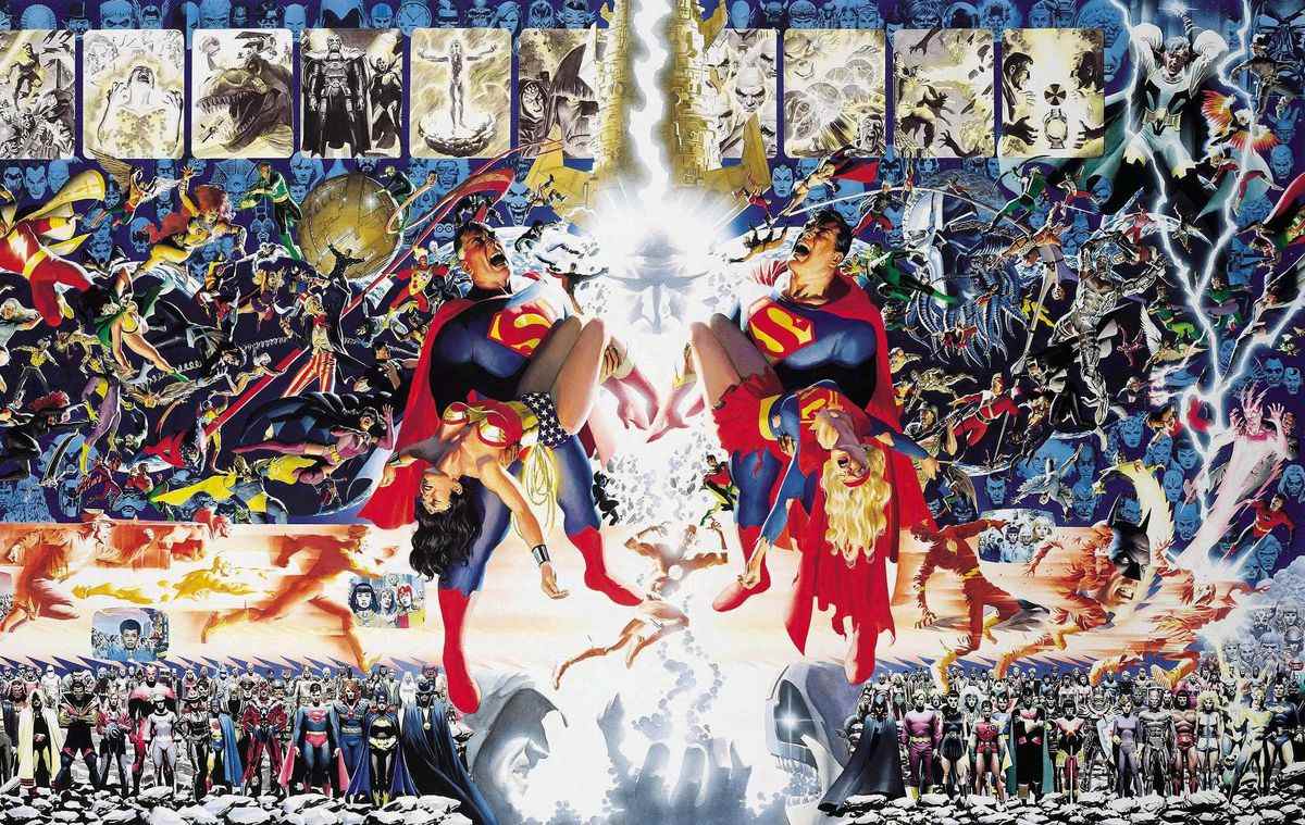 Couverture enveloppante d'Alex Ross pour Crisis on Infinite Earths, une image dynamique et compliquée représentant des dizaines et des dizaines de super-héros.