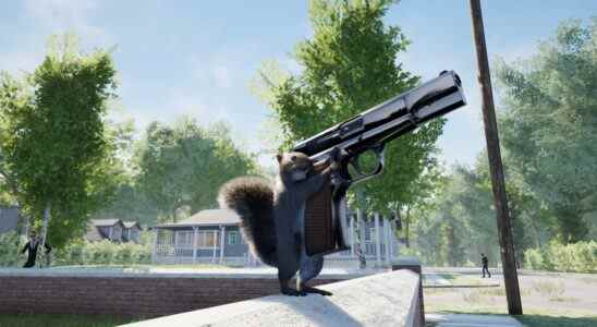 A common grey squirrel standing atop a garden wall on two legs. It is holding a pistol in its upper limbs. The pistol is human-scale, so it is as large as the squirrel.