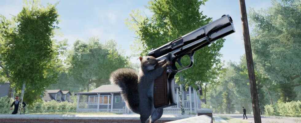 A common grey squirrel standing atop a garden wall on two legs. It is holding a pistol in its upper limbs. The pistol is human-scale, so it is as large as the squirrel.