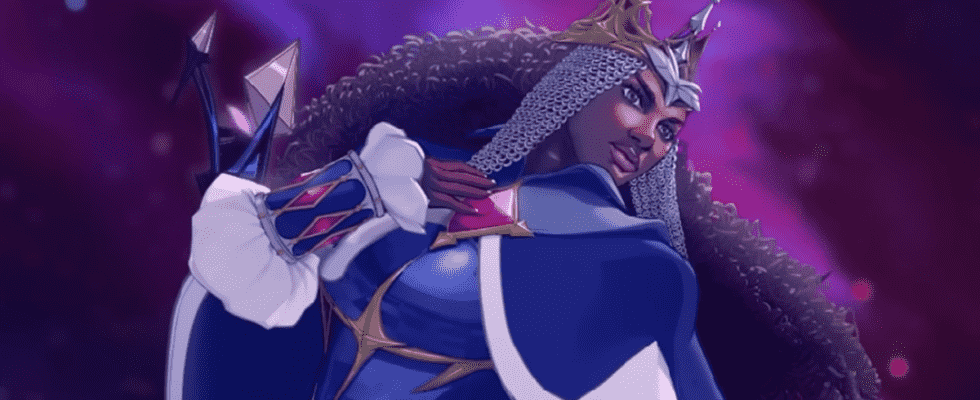 Queen Sigma from vampire survivors. She is a Black woman in a flowing blue cape and blue armor. She is wearing a crown with a loose chainmail coif.