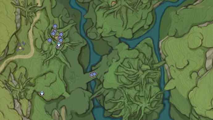 Emplacements des champignons Rukkhashava : une carte montrant les emplacements de Rukkhashava dans l'ouest des bois d'Apam