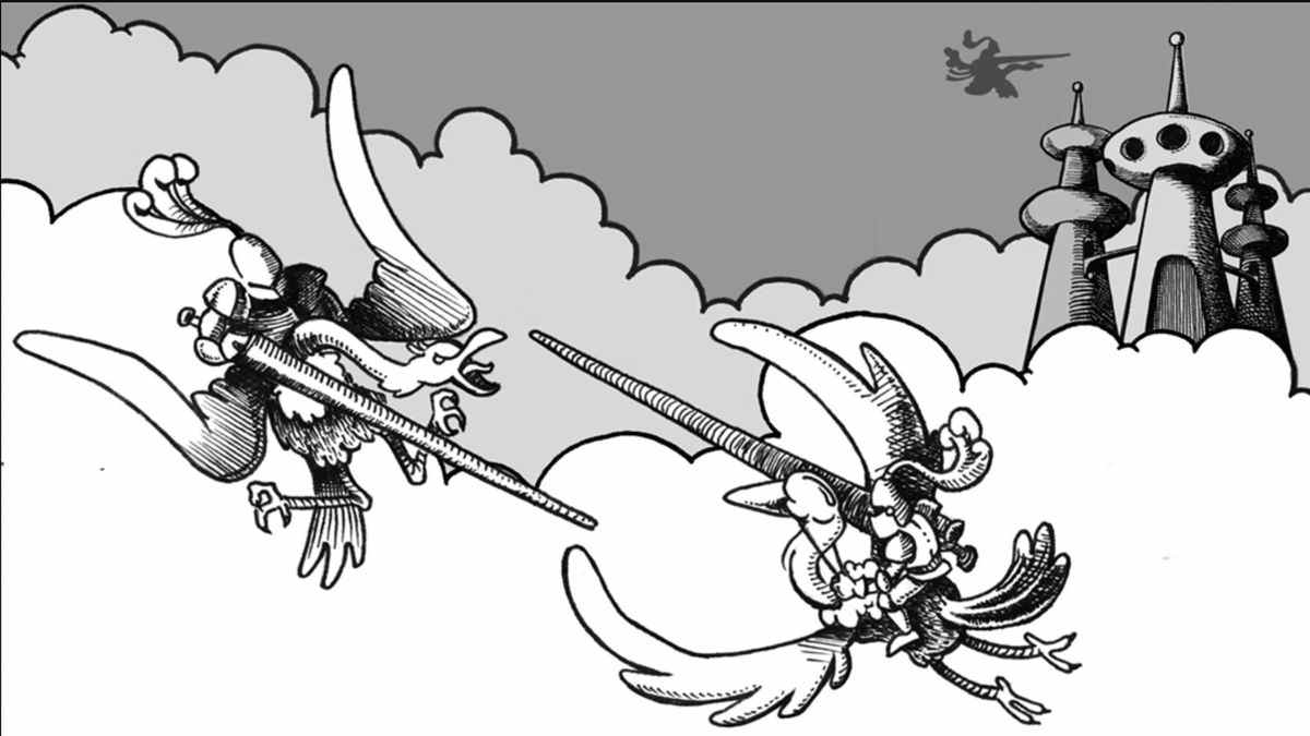Deux hommes sur des autruches improbables s'engagent dans un combat armé parmi les nuages.  Un trio de minarets pontés s'élève en arrière-plan.