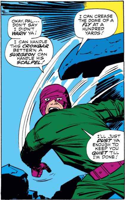 Wrecker, vêtu d'un masque violet et de spandex vert, lance une pierre dans une bande dessinée de Thor