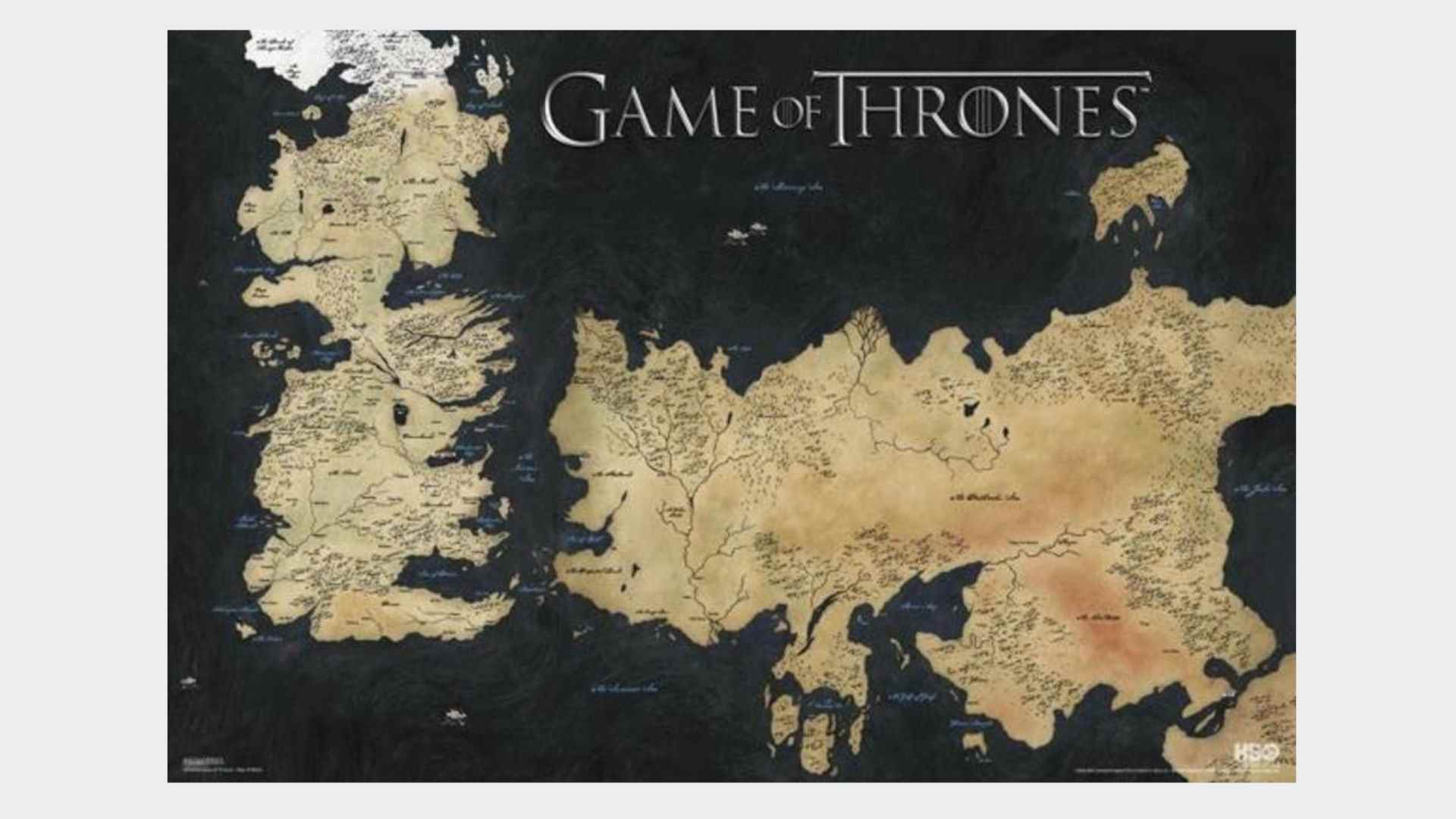 Affiche de la carte de Westeros et Essos sur fond gris