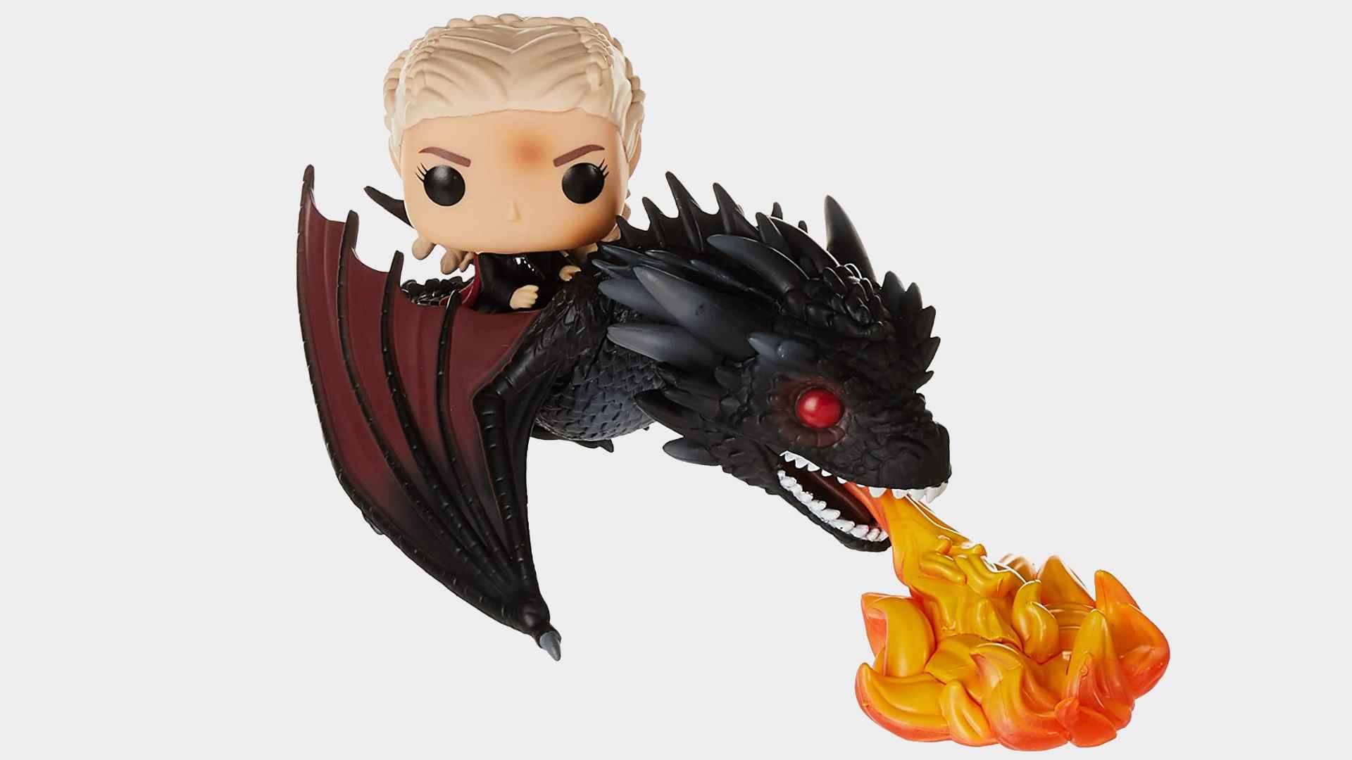 Daenerys sur le jouet Fiery Drogon sur fond gris