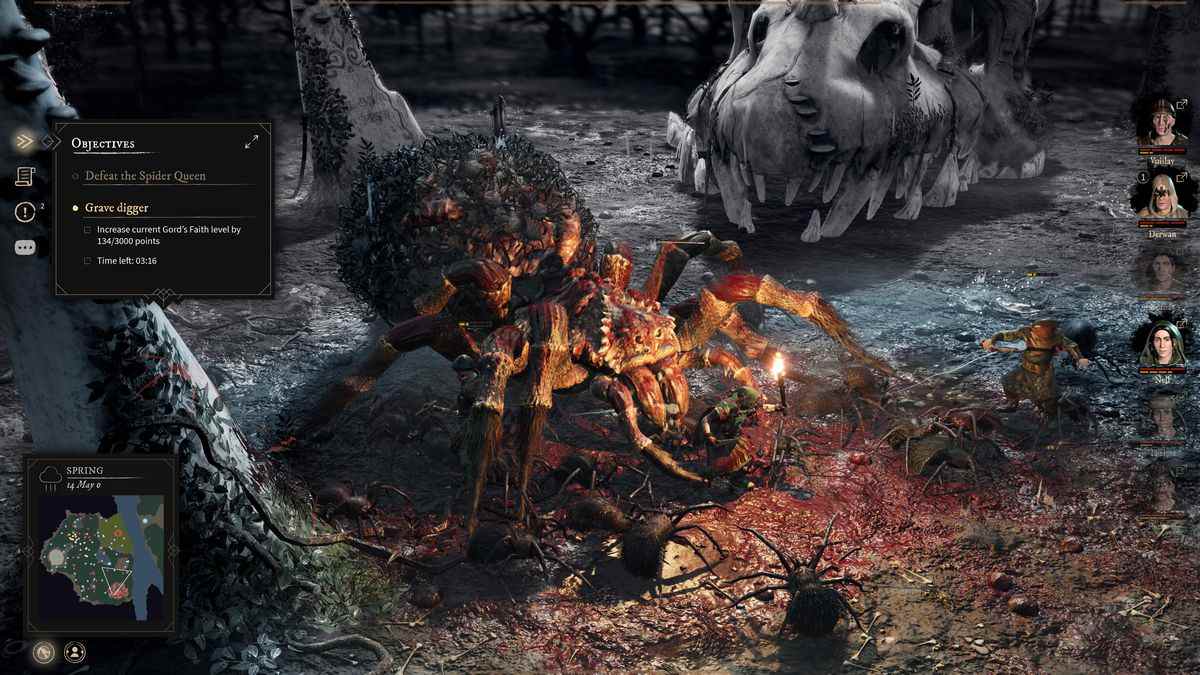 Une araignée attaque un groupe de guerriers dans un bosquet avec un crâne de monstre géant à proximité, dans une capture d'écran de Gord