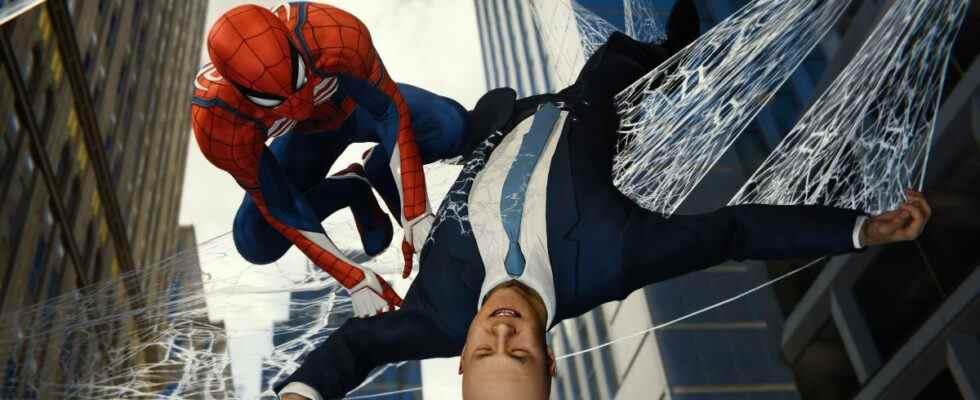 Spider-Man webbing someone up