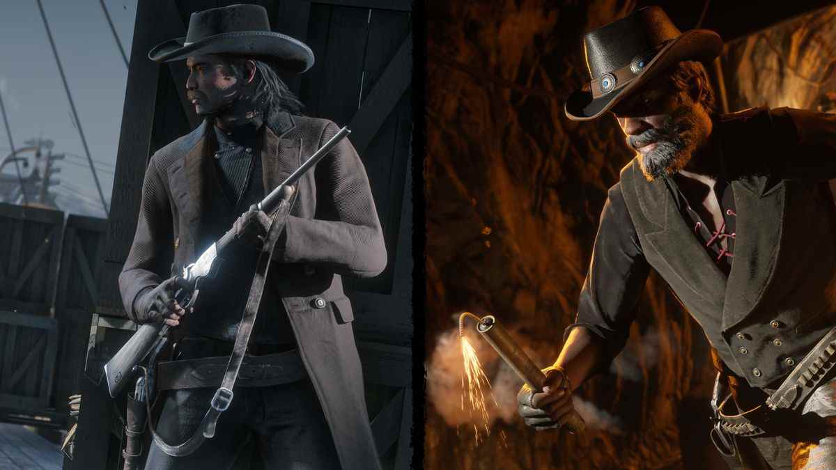 Red Dead Online - deux voleurs en longs manteaux et chapeaux à larges bords se préparent à attaquer.  L'un d'eux a un bâton de dynamite allumé, tandis que l'autre prépare son fusil.