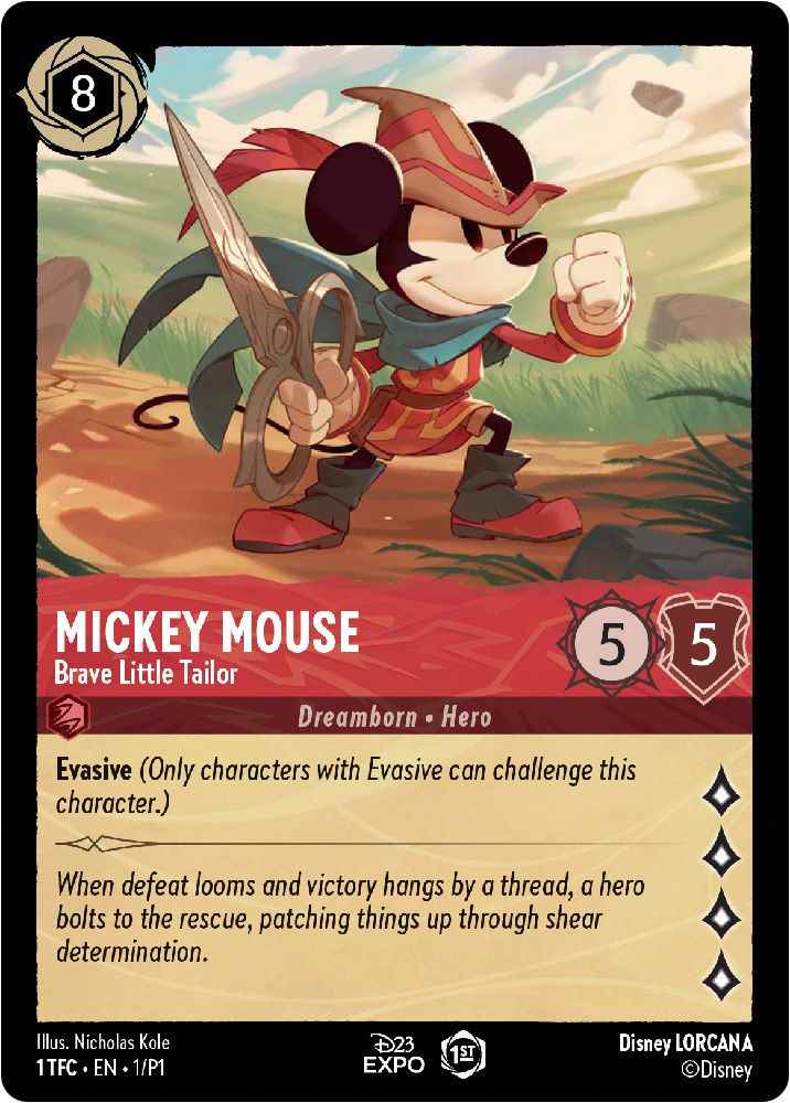 Une carte Mickey Mouse de Disney Lorcana.  Le chiffre 8 est dans le coin supérieur gauche.  A côté du nom de Mickey, il y a un 5 sur un fond circulaire et un 5 sur un fond en forme de bouclier.  Une bannière rouge sous le nom de Mickey indique 