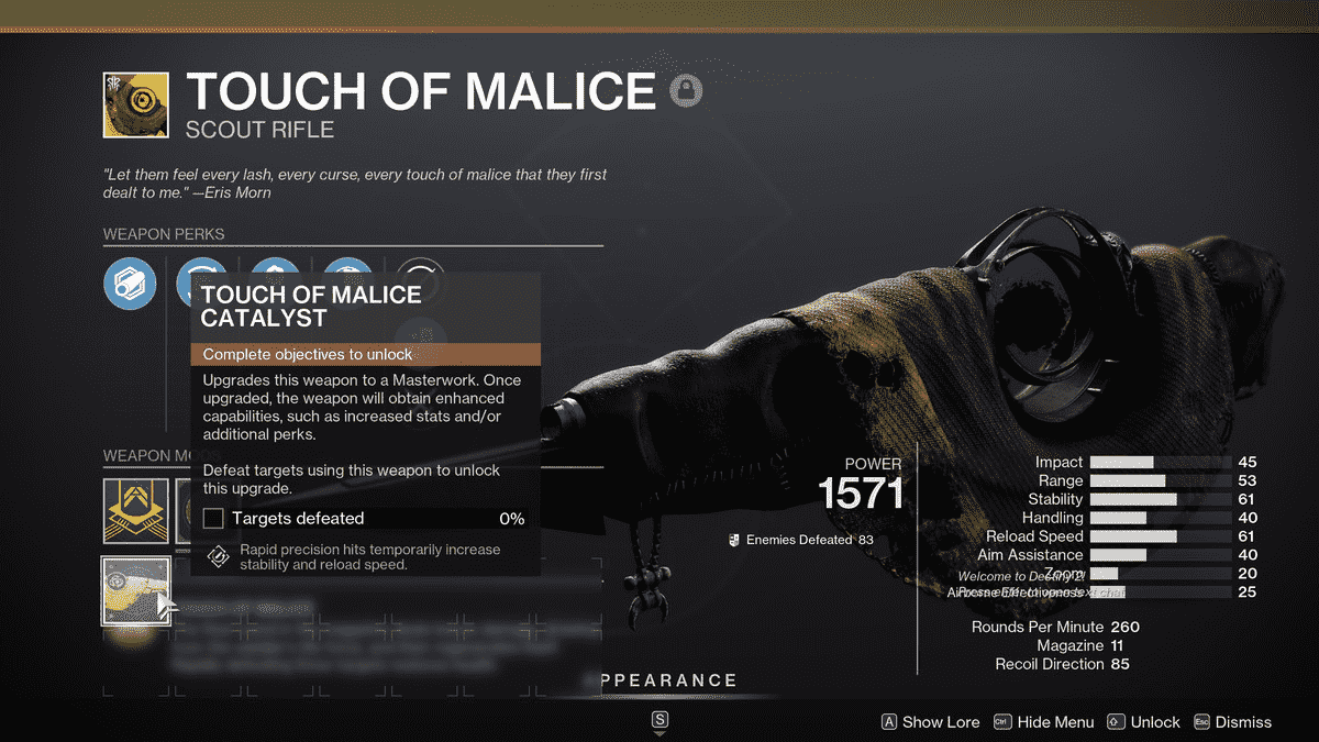 Un aperçu en jeu du menu derrière le Touch of Malice Catalyst