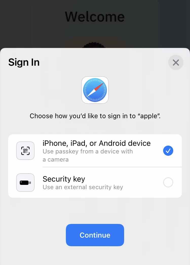 Une capture d'écran montrant une nouvelle méthode de connexion sur un site Web d'Apple, qui vous permet d'utiliser votre appareil comme un "passe-partout."