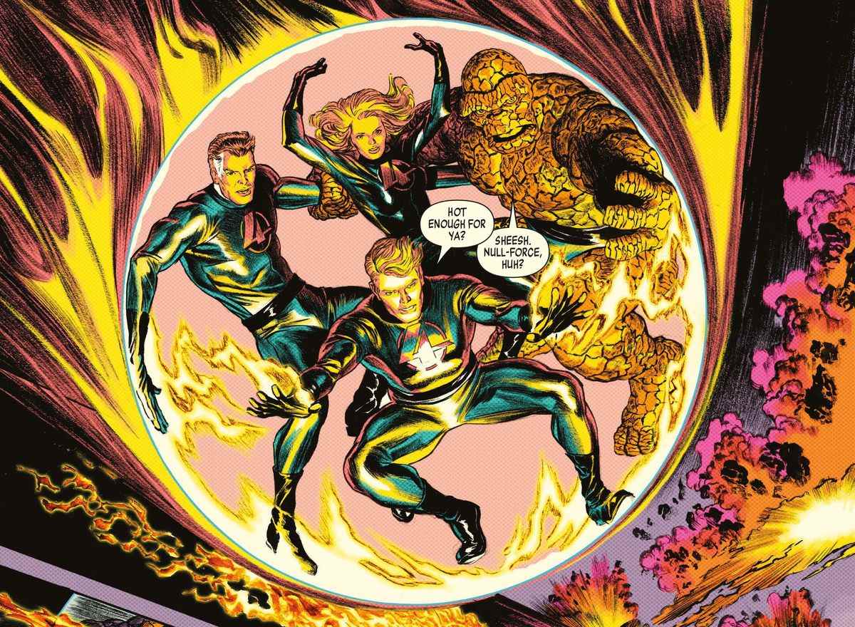 Enfermés dans le champ de force sphérique de Sue Storm, les Fantastic Four tombent à travers le feu et la fumée dans Fantastic Four: Full Circle (2022).