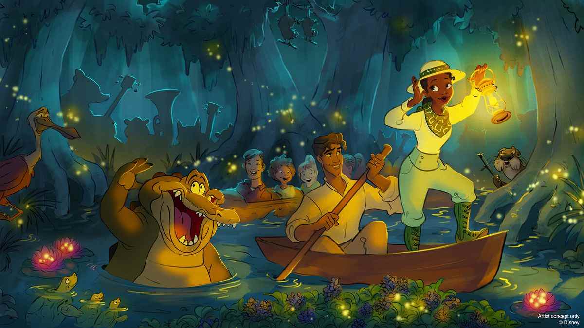 art conceptuel du parc à thème Disney Tiana's Bayou Adventure : une illustration de Tiana de La princesse et la grenouille tenant une lanterne à l'avant d'un canoë alors que le prince Naveen rame le bateau la nuit avec toutes sortes d'animaux autour d'eux