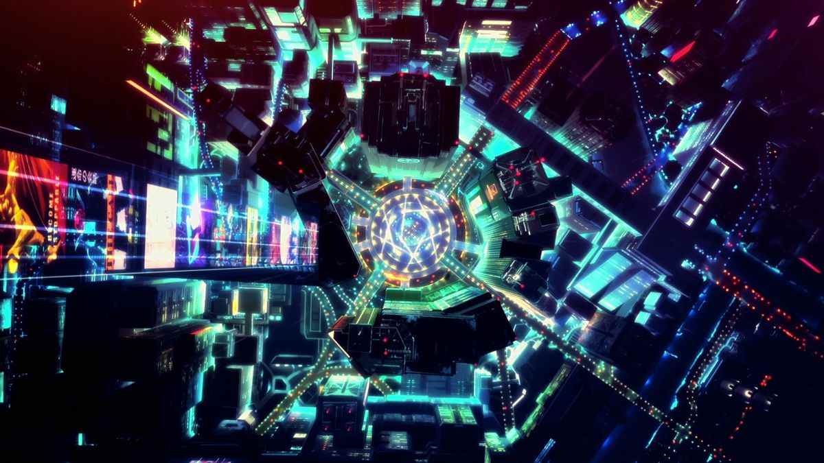 Une image de haut en bas du quartier du centre-ville de Night City dans Cyberpunk: Edgerunners.