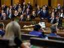 Le premier ministre Justin Trudeau prononce une allocution sur le décès de la reine Elizabeth à la Chambre des communes à Ottawa, le 15 septembre 2022.
