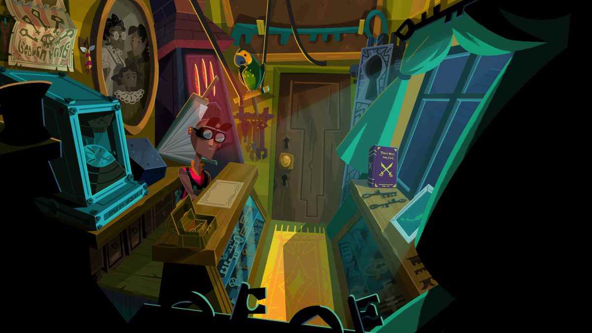 Un personnage travaille dans une boutique de souvenirs dans Return to Monkey Island