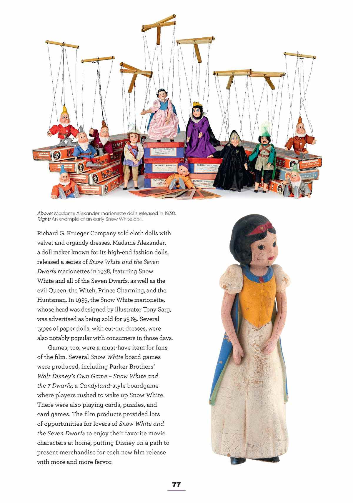 une page de Disney Princess : Au-delà du diadème.  la majeure partie est constituée de texte, mais en haut se trouve une image de marionnettes, sur le thème de Blanche-Neige, des nains, de la méchante reine, du prince et du chasseur.  sur la gauche se trouve une poupée Blanche-Neige en porcelaine 
