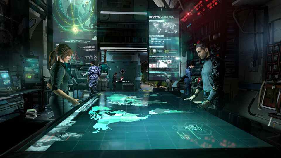 Sam Fisher se réunit à la table de planification à bord de l'AC-130 de l'équipe dans Splinter Cell: Blacklist