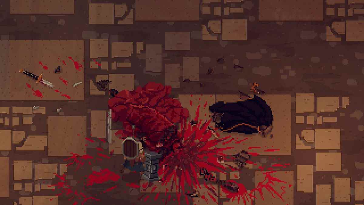 Le protagoniste Thorn décapite un cadavre de sang dans No Place for Bravery