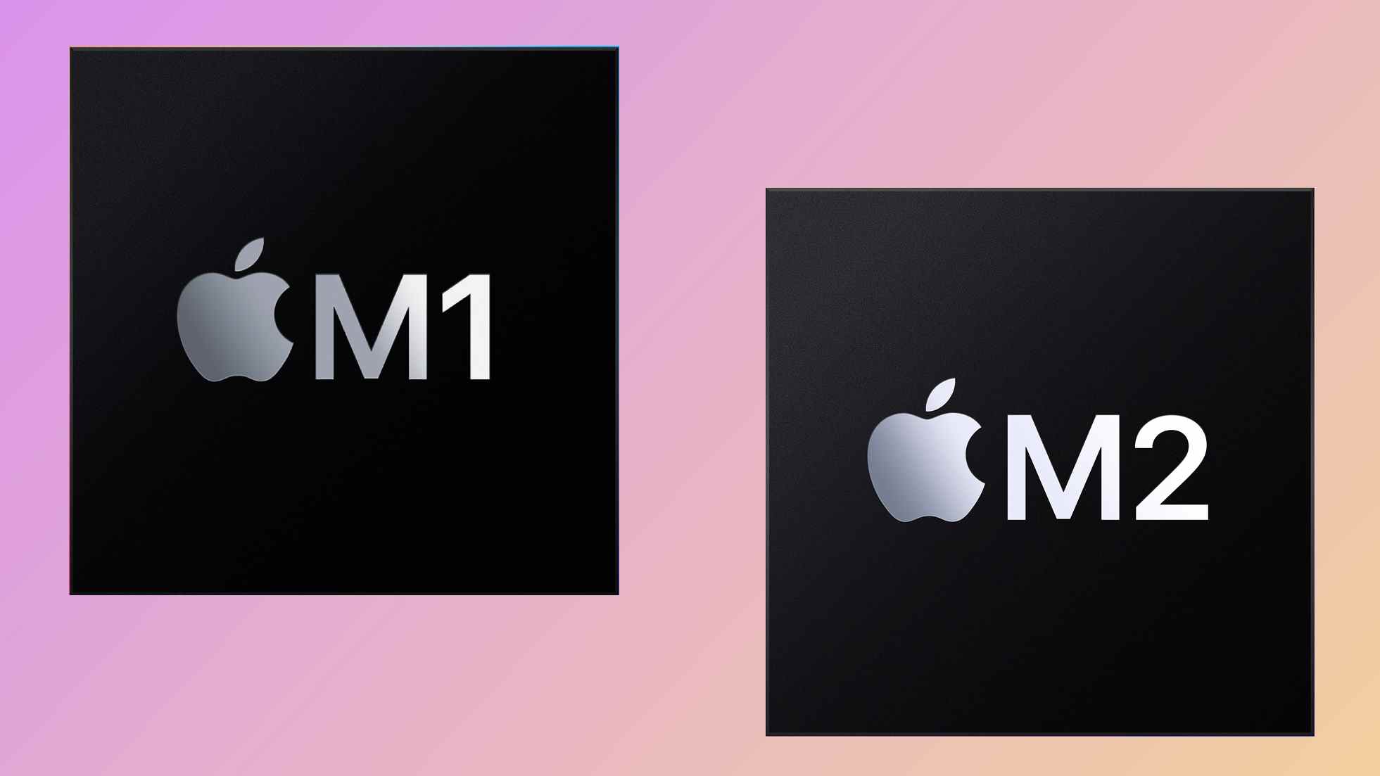 Puce Apple M2 vs M1 côte à côte sur fond rose/jaune