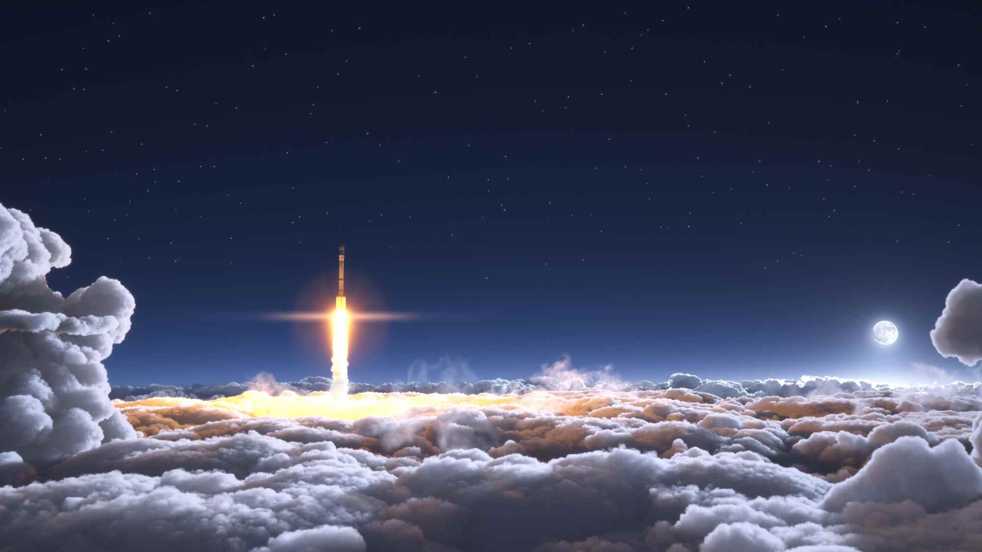 Illustration 3D d'une fusée volant à travers les nuages ​​au clair de lune