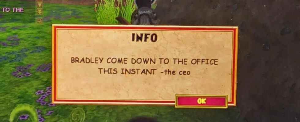 In-game message in Wizard101 reading