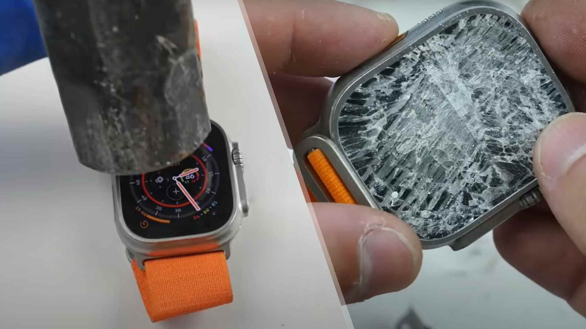 une capture d'écran de l'Apple Watch Ultra frappée avec un marteau