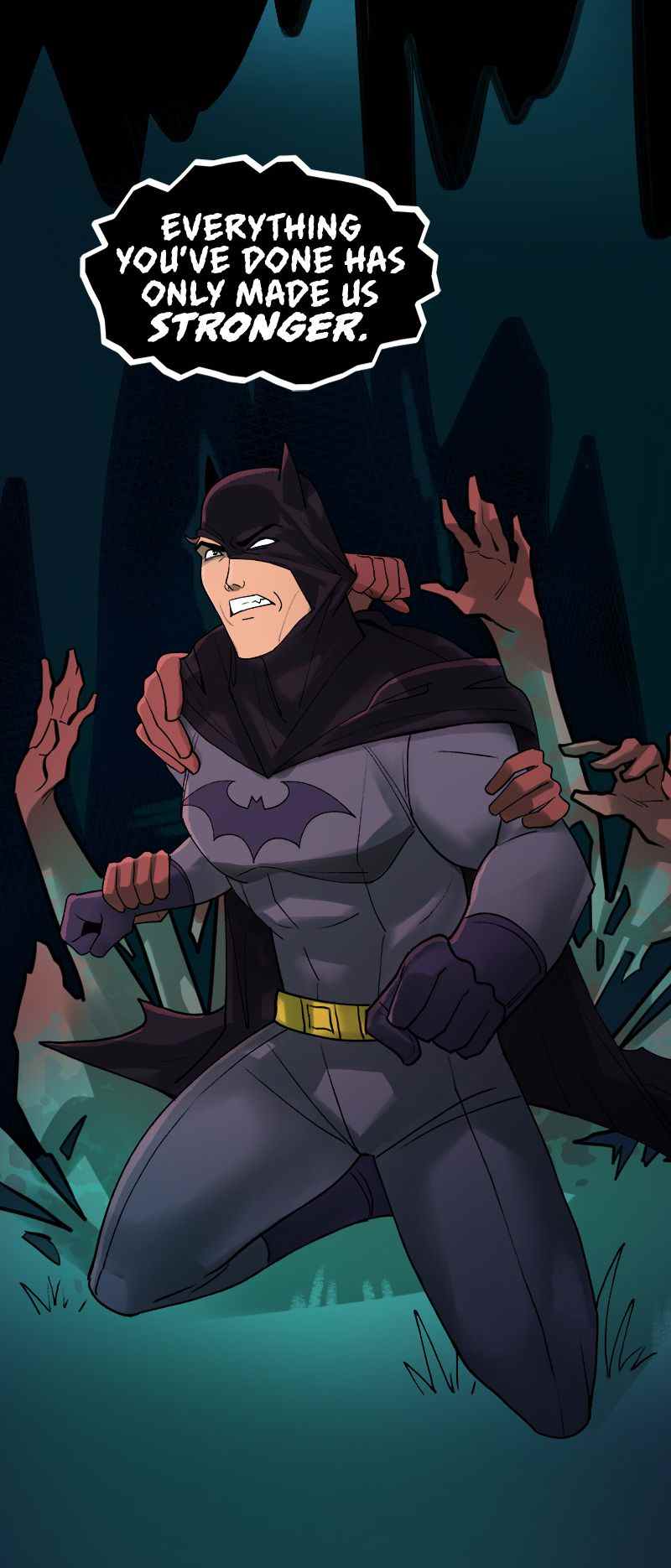 Batman se débat avec des mains désincarnées qui tirent sur son costume et son capot dans Batman : Wayne Family Adventures.