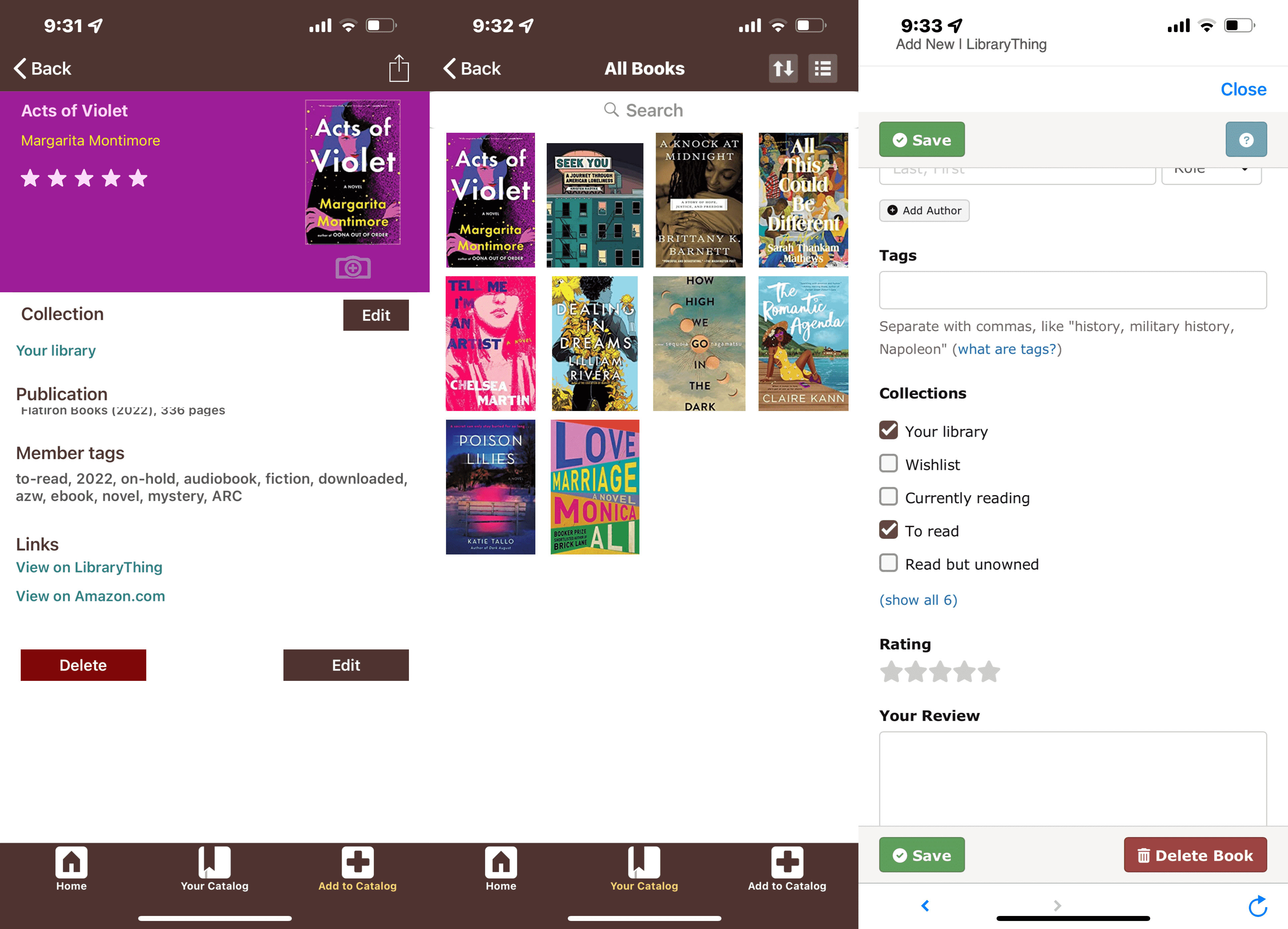 3 captures d'écran de l'application Library Thing montrant la page principale du catalogue d'un livre, la page d'accueil générale de la bibliothèque et le système d'étagères. 
