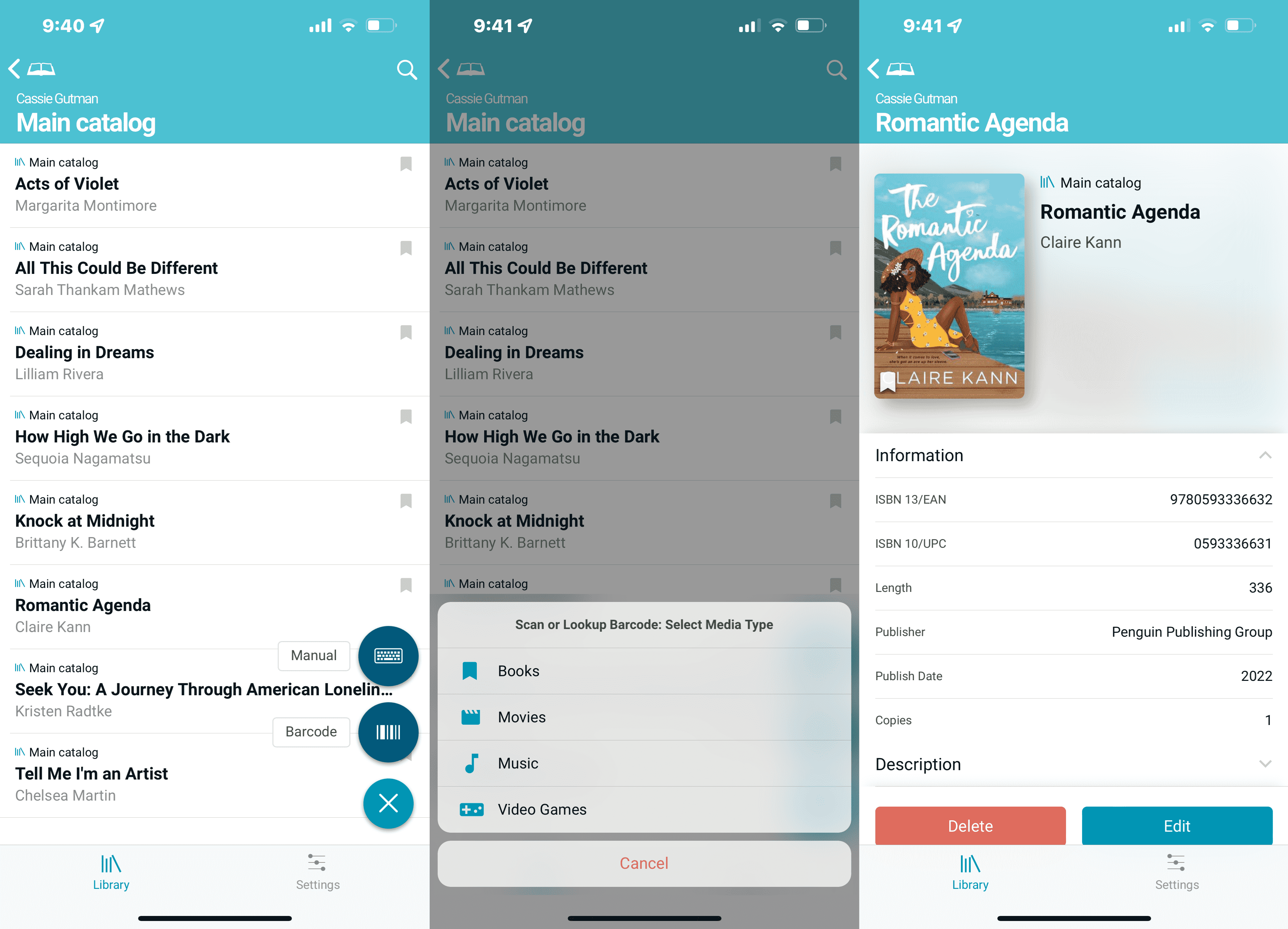 3 captures d'écran de l'application Libib montrant la liste principale des bibliothèques ;  la possibilité de choisir parmi des livres, des films, de la musique ou des jeux vidéo ;  et la page principale d'un livre. 