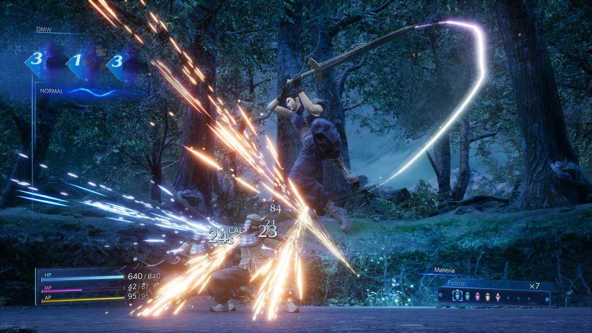 Des étincelles volent alors que Zack déclenche une attaque à l'épée sur un ennemi dans Crisis Core: Final Fantasy 7 Reunion