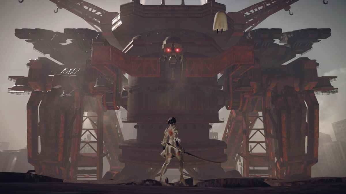 Un petit personnage au premier plan, portant une épée, fait face à un robot géant et rouillé