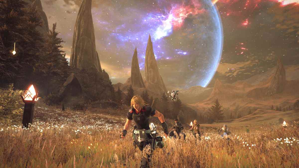 Les personnages traversent une prairie luxuriante avec des flèches rocheuses et un paysage étoilé coloré derrière eux dans Star Ocean: The Divine Force