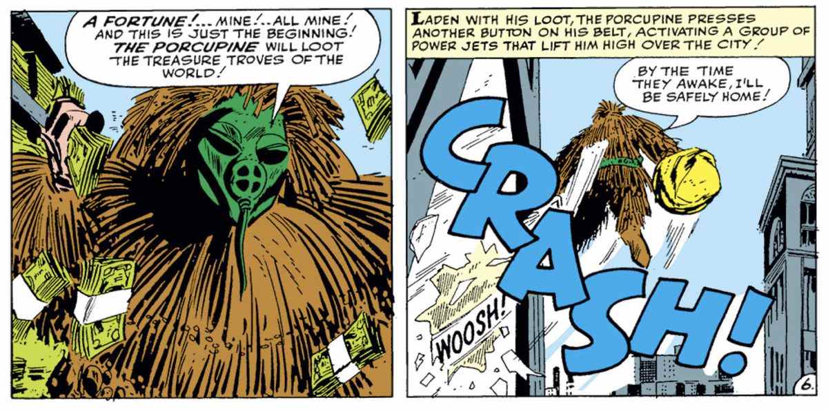 Le porc-épic utilise ses plumes de jet pour échapper à un vol avec ses gains mal acquis dans Tales to Astonish # 48 (1963). 