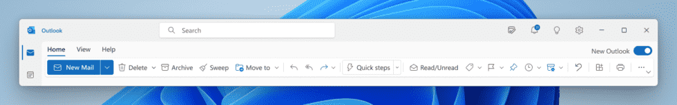 L'interface de ruban simplifiée dans le nouvel aperçu d'Outlook, ainsi que la bascule pour basculer entre les versions.