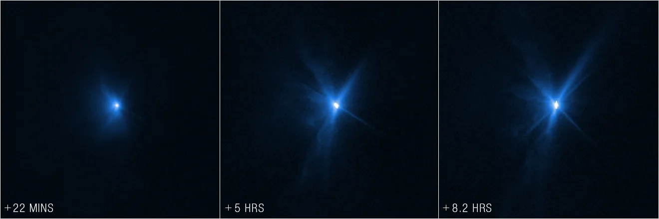 Ces images du télescope spatial Hubble de la NASA, prises (de gauche à droite) 22 minutes, 5 heures et 8,2 heures après que le test de redirection de double astéroïde (DART) de la NASA a intentionnellement touché Dimorphos, montrent des panaches d'éjecta en expansion provenant du corps de l'astéroïde.  Les images de Hubble montrent les éjectas de l'impact qui apparaissent sous forme de rayons s'étendant du corps de l'astéroïde.  Le pic d'éjecta plus audacieux et déployé à gauche de l'astéroïde se trouve dans la direction générale à partir de laquelle DART s'est approché.