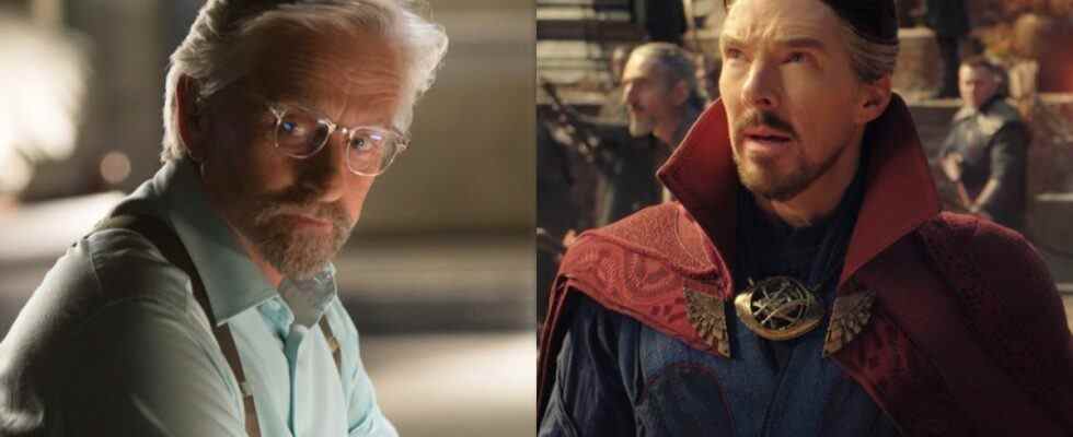 From left to right: Michael Douglas as Hank Pym sitting at a desk in Ant-Man and Benedict Cumberbatch as Doctor Strange looking into the distance in Doctor Strange in the Multiverse of Madness.