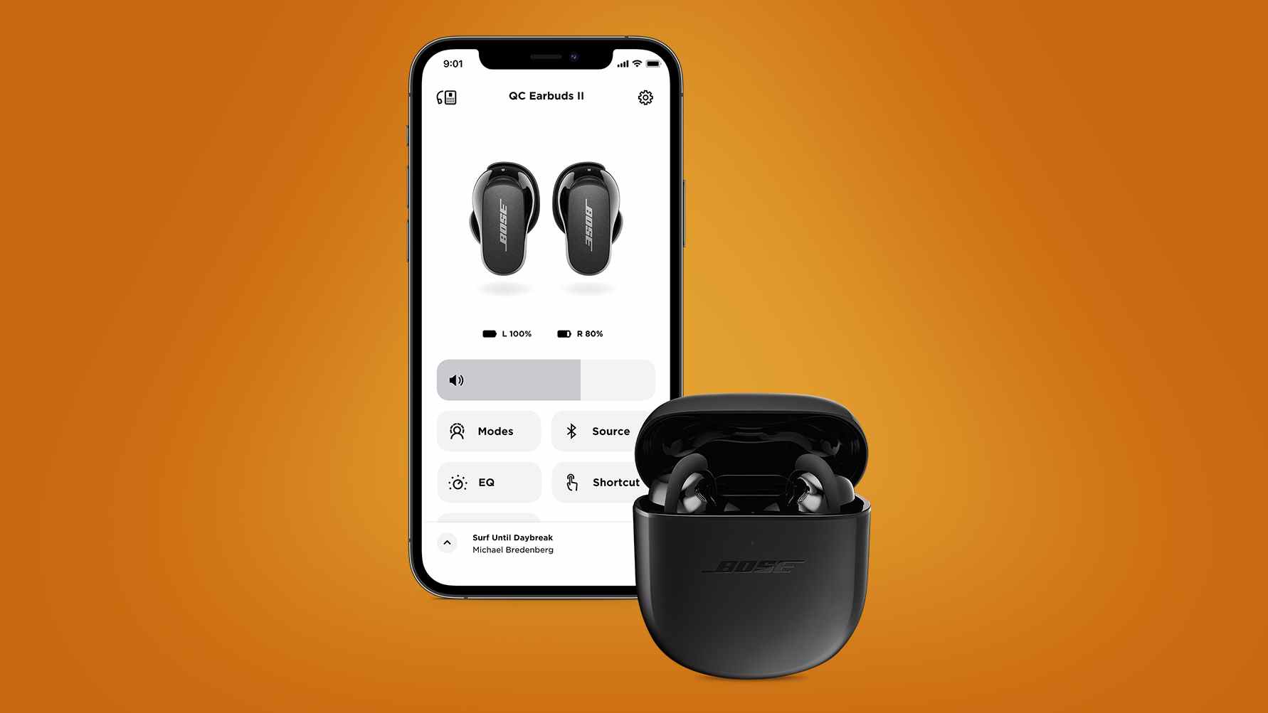 Bose QuietComfort Earbuds II avec iPhone affichant l'application Bose Music