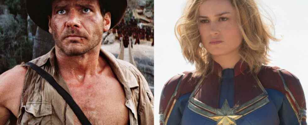 Left: Harrison Ford as Indiana Jones in Indiana Jones and The Temple of Doom. Right: Brie Larson as Captain Marvel in Captain Marvel